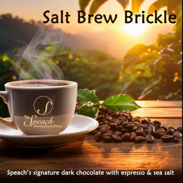 Salt Brew Brickle label - steamy coffee cup on a wooden table with espresso beans, green foliage and sunrise in the background