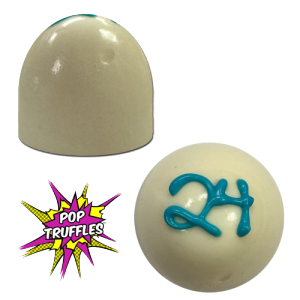 Top view and side view of Shane Truffles in white chocolate with blue 24